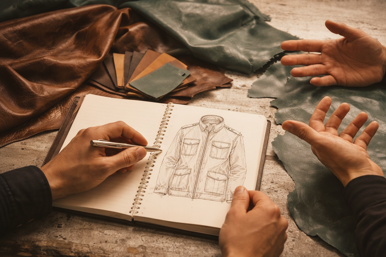 Person sketching a jacket design in a notebook with fabric swatches and samples on a wooden table.