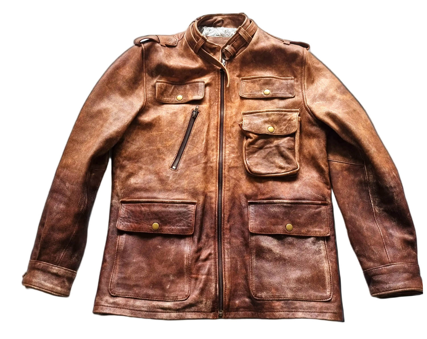 Brown leather jacket with multiple pockets and zippers on a white background