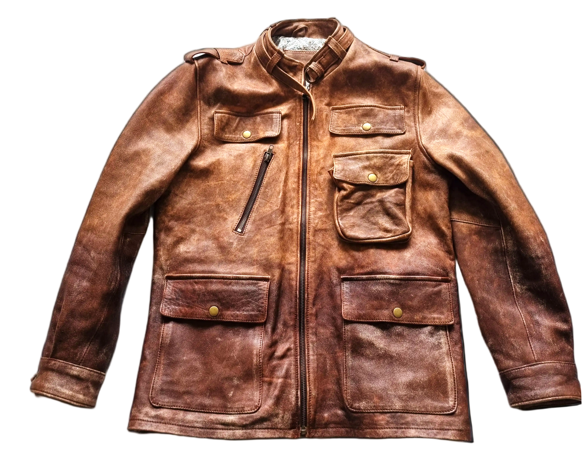 Brown leather jacket with multiple pockets and zippers on a white background