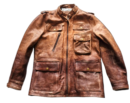 Brown leather jacket with multiple pockets and zippers on a white background