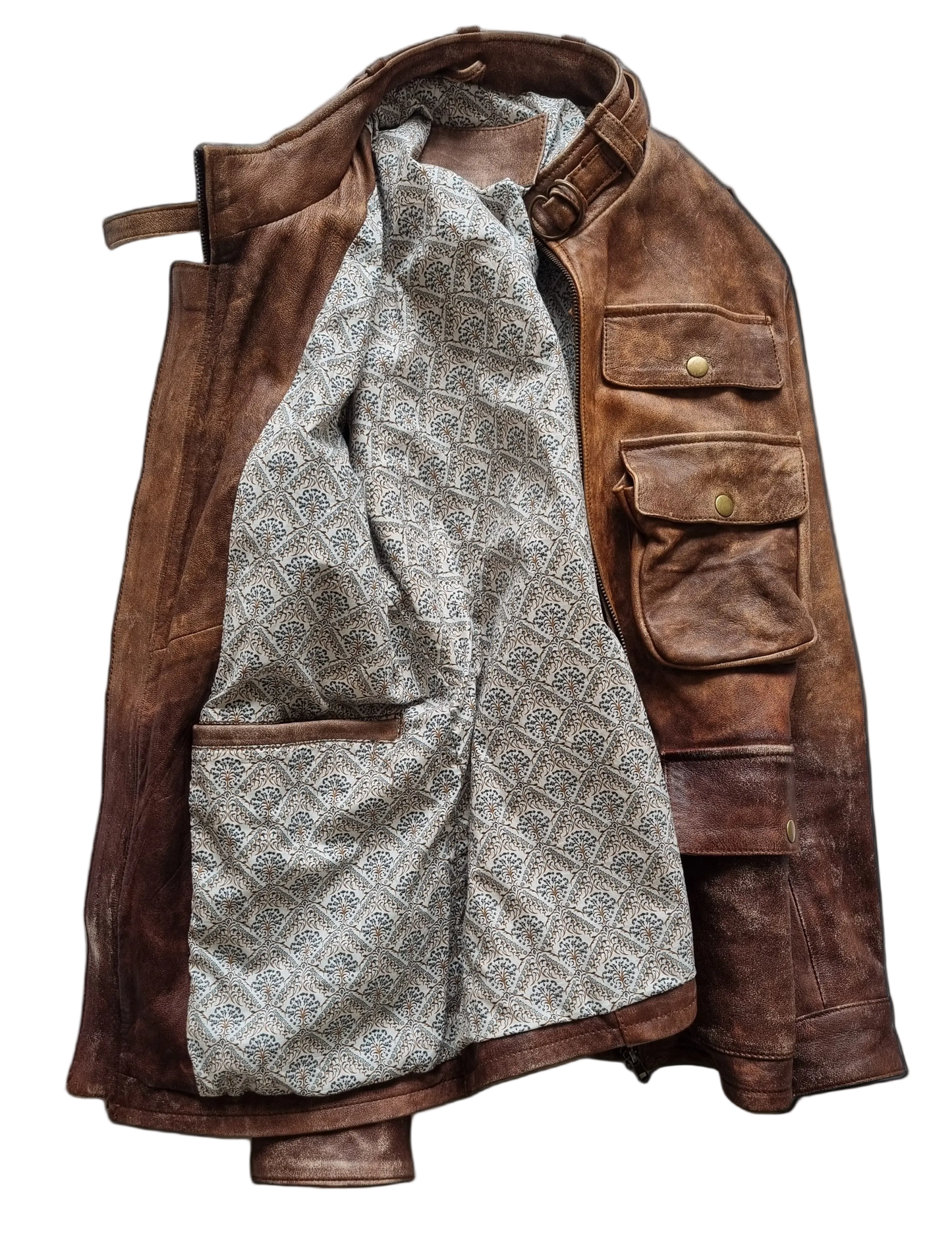 Brown leather jacket with patterned lining on a black background