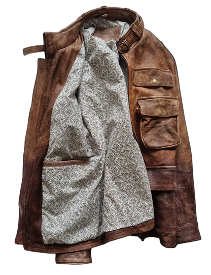 Brown leather jacket with patterned lining on a black background