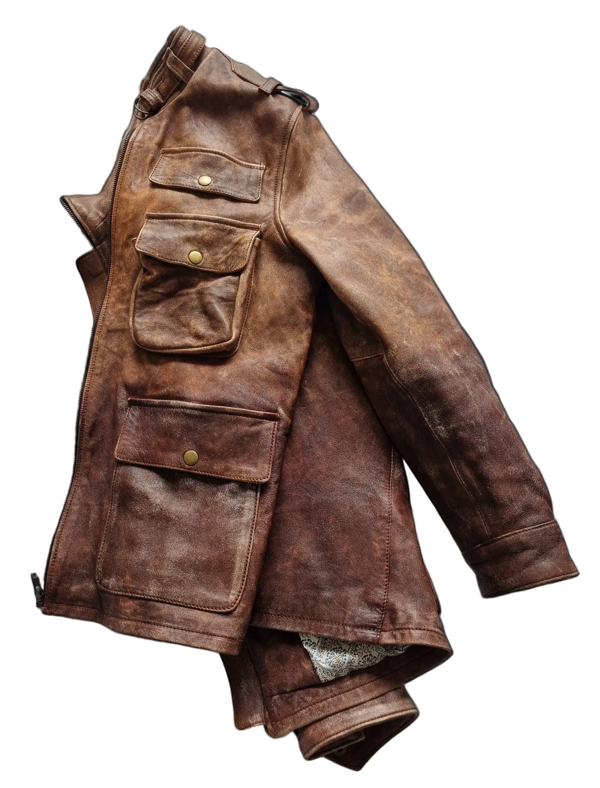 Brown leather jacket with multiple pockets on a black background